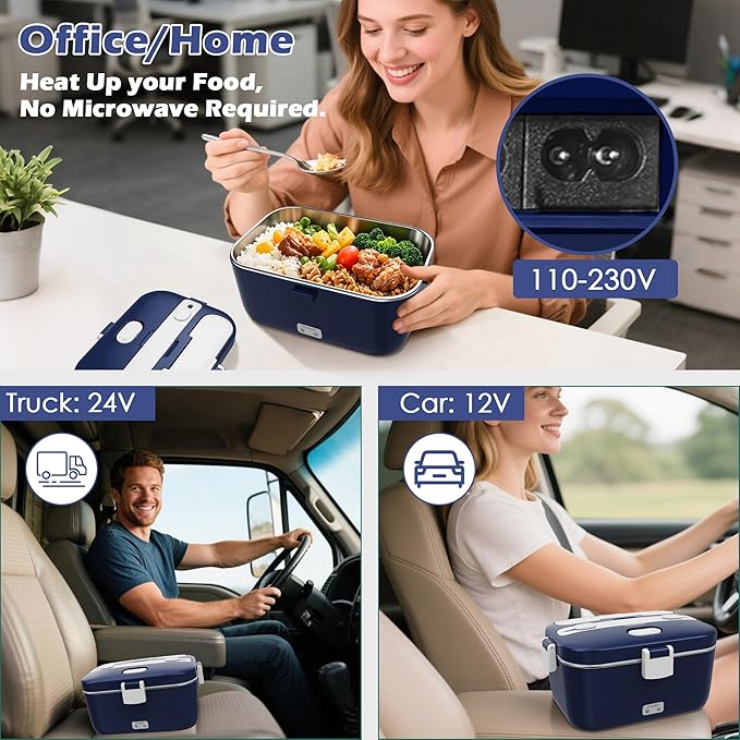 COZYEXPERT 100W Electric Lunch Box Food Heated 12V 24V 110V Fast Food Warmer Heater for Car/Truck/Home Portable Food Heating Boxes with 1.8L 304 SS Container 0.45L Compartment(Royal Blue+White)