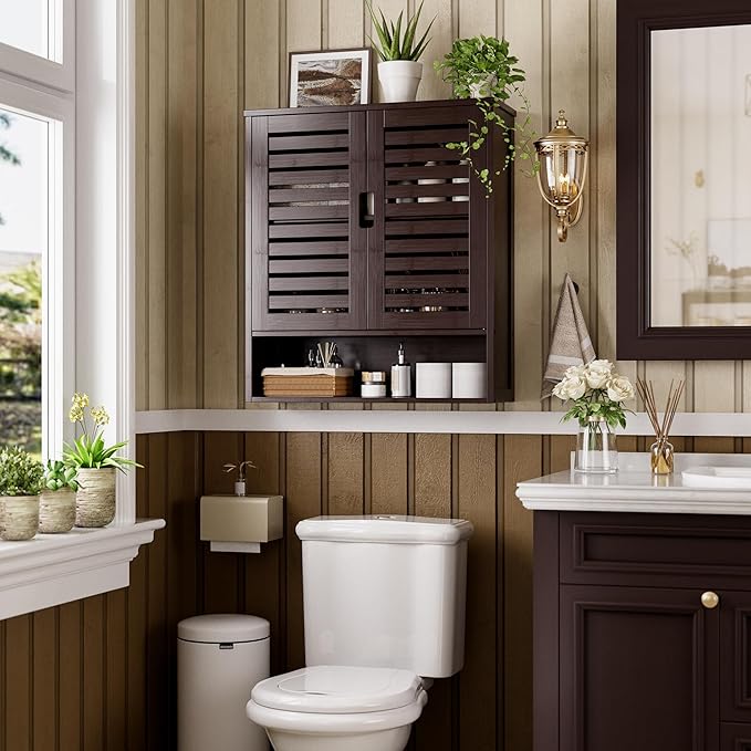 SMIBUY Bathroom Cabinet Wall Mounted, Bamboo Over-The-Toilet Storage Organizer, Space Saver Medicine Cabinet with 2 Door and Adjustable Shelves (Dark Brown)