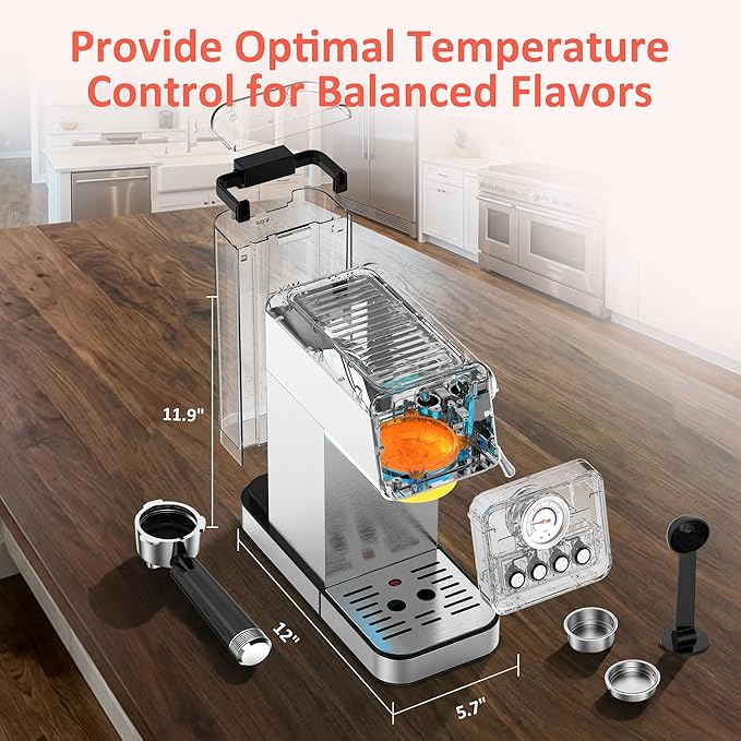 AYCHIRO 20 Bar Semi-Automatic Espresso Machine, Adjustable Espresso Machine with Pressure Gauge, Compact Espresso Maker with Steam Wand, Cup Warmer for Home & Office