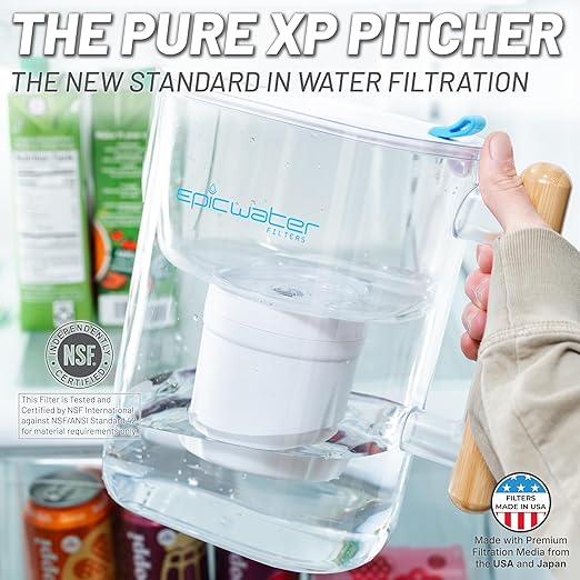 Epic Pure XP Water Filter Pitcher with Advanced CoreXchange™ Filter | NSF Certified | Removes PFAS, Lead, Chlorine & More | BPA-Free | Made in USA (White & Bamboo)