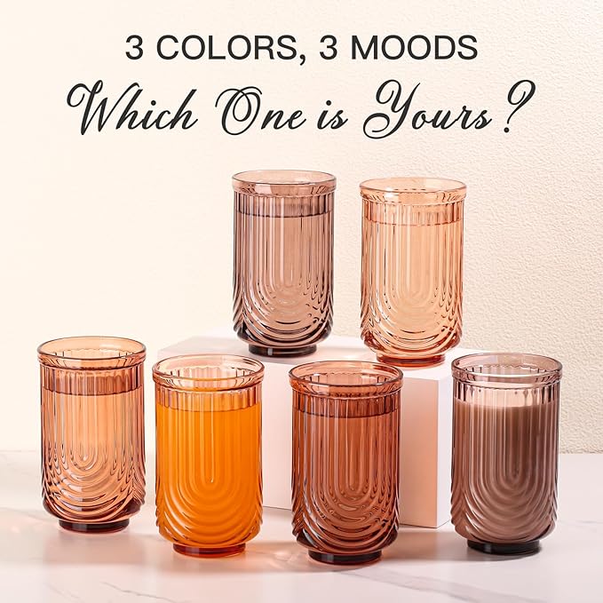 JOVGANK Amber Vintage Glassware Set of 6-17Oz Brown Water Drinking Glass, Art Deco Ripple Highball Glass, Whiskey Cocktail Glasses, for Bar Ice Coffee Juice, Housewarming Gifts and Mother's Day Gift