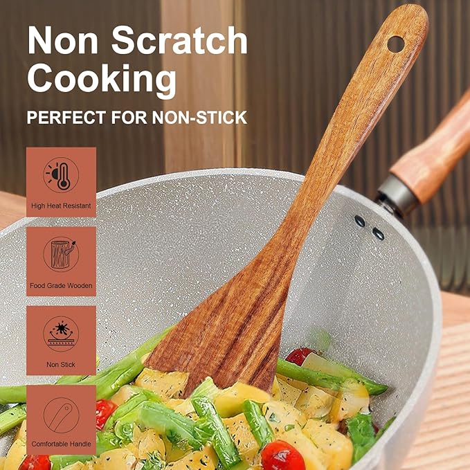 3Pcs Wooden Spatulas, Wooden Spatula for Cooking Long Handle Frying Turner Non-Stick Slotted Spurtle and Wood Scraper for Flipping, Scraping, and Turning, Cooking Utensils Set