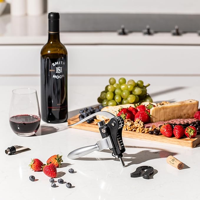 Wine Bottle Opener Set with Accessories Matte Silver in Wood Box, Aerator, Extra Screws, Foil Cutter, Pourer, Vaccu Stopper, Winged Wine Opener, Rabbit Red Wine Corkscrew Set (Matte Silver)