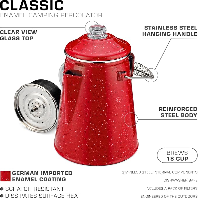 COLETTI Classic Percolator Coffee Pot — The Most Nostalgic Camping Coffee Pot, Now Modernized [Red Enamel, 18 Cup]