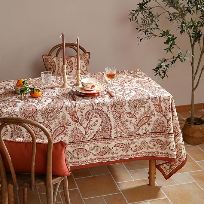 ISAENNE Designer French Red Table Cloth for Rectangle Table,Fall Linen Tablecloth with Cashew Pattern,Stain Proof Decor Tablecloths for Dining Thanksgiving Kitchen,55"*87"-Chauffrey D