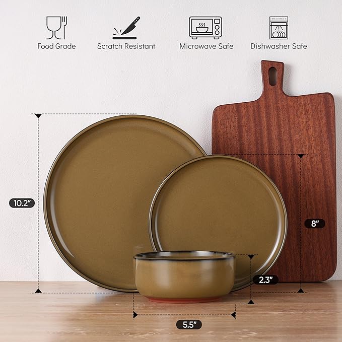 E-far Stoneware Dinnerware Sets for 8, 24 Pieces Reactive Glaze Plates and Bowls Sets, Elegant Dishes with Rustic Terracotta Clay Base, Dishwasher & Microwave Safe, Scratch Resistant, Desert Camel
