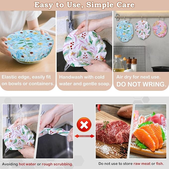 5-Size Reusable Beeswax Bowl Covers for Bread Proofing, Cotton Cloth Flexible Beeswax Wraps for Food Storage(Rainbow Floral)