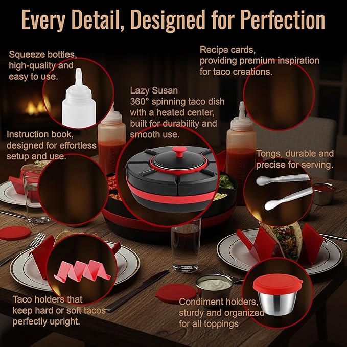 KEFF Taco Tuesday Kit - Taco Bar Serving Set for a Party, Lazy Susan Serving Dish 6 Sections, 4 Tacos Holder, Condiment Containers, Squeeze Bottles, Tongs, Recipes & Instructions - Tailgate Essentials
