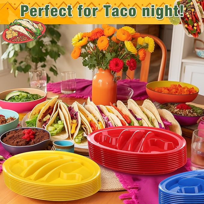 30 Pack Taco Plates Holders with Dividers 3 Color Plastic Taco Trays with 4 Dipping Areas Cinco De Mayo Tacos Night Party Supplies, Stand up Divider for 2 Tacos Tuesday Mexican Party
