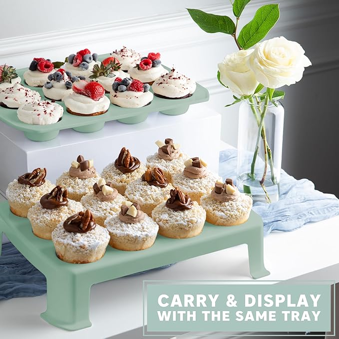 MosJos EXTRA TALL DOME 24 Cupcake Carrier, Green Cupcake Holder Carries 24 Cupcake Storage Container, Muffin Traveler Two Tier Stand Reusable Cupcake Box