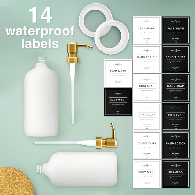 Vine Creations Glass Soap Dispenser, 2 Pack Kitchen Soap Dispenser Set with Stainless Steel Pump, 16 oz Dish Soap and Hand Soap Dispensers for Bathroom with Waterproof Labels (White)