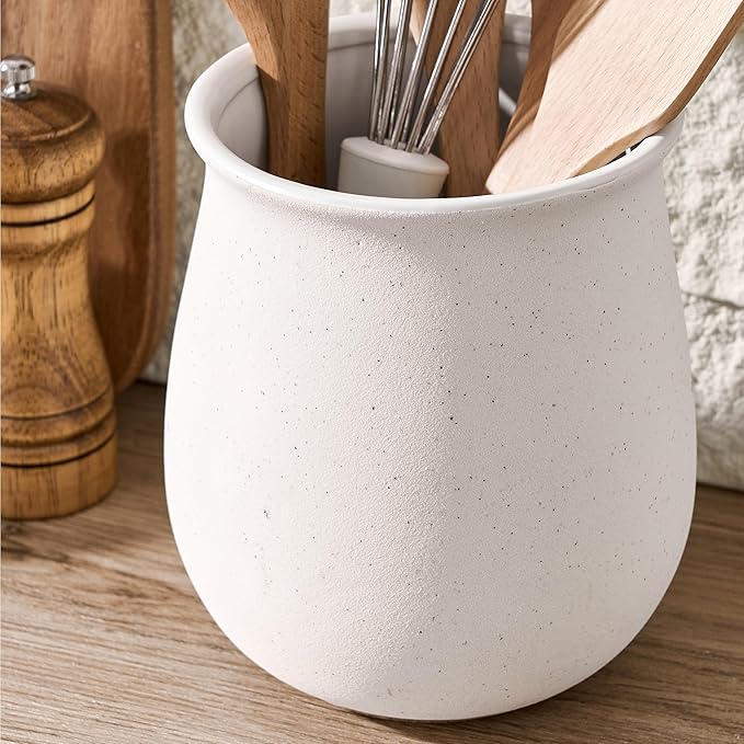 Utensil Holder for Kitchen Counter, Modern Nordic Boho Style Cooking Utensil Holder and Crock Home Kitchen Decor, Ceramic Utensil Organizer for Spatula, Ladle, Eggbeater, Rolling Pin- White