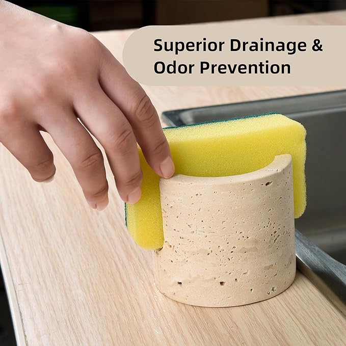 Marble Travertine Sponge Holder for Kitchen Counter,Beige Natural Stone Dish Drying Rack for Countertop,Marble Kitchen Accessories