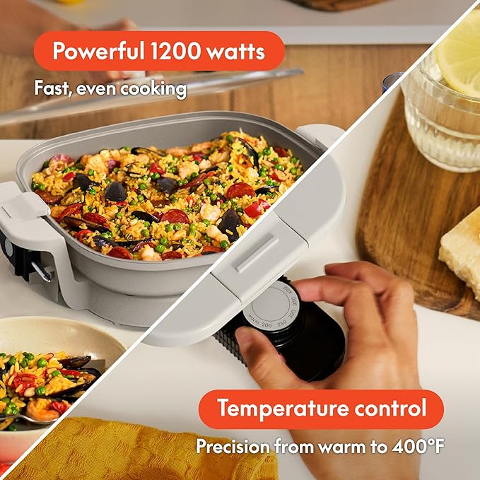 bella Make & Take XL Electric Skillet, Fits-anywhere™ kitchenware, EverGood™ Ceramic Coating, Adjustable Temperature & Dishwasher-Safe Tempered Glass Lid, Cast Aluminum Base, 1200 Watt, Oatmilk