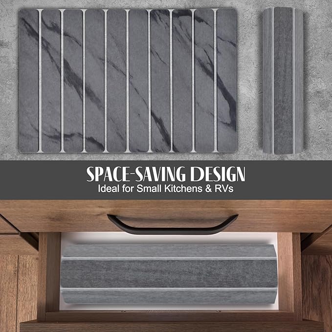 Large Stone Dish Drying Mats for Kitchen Counter, 24"(L)×16"(W) Marble-Pattern, Fast Drying Collapsible, Eco-Friendly Absorbent Diatomaceous Earth Mats, Match Any Countertop - Dark Grey