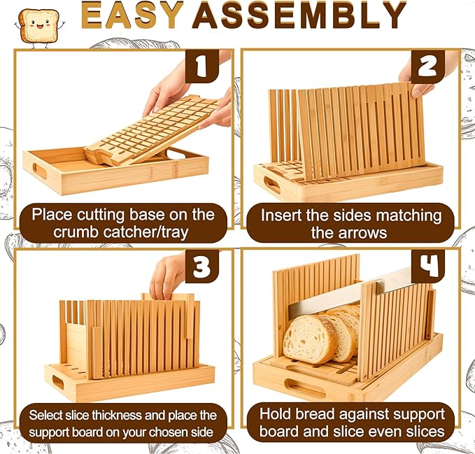 Bread Slicer for Homemade Bread, Bamboo Bread Slicing Guide Adjustable Width, Foldable and Compact Cutting Guide with Crumb Tray for Cakes, Bagels, Loaves, Kitchen Gadgets & Gifts (Knife Not Included)