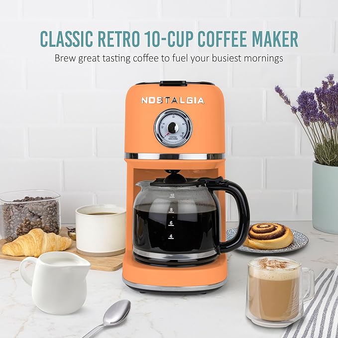 Nostalgia Classic Retro 10 Cup Coffee Maker - One-Touch Drip Brew, Reusable Filter - Anti-Drip, Auto Shutoff, & Time Display - Dishwasher Safe 50 oz Carafe - Orange