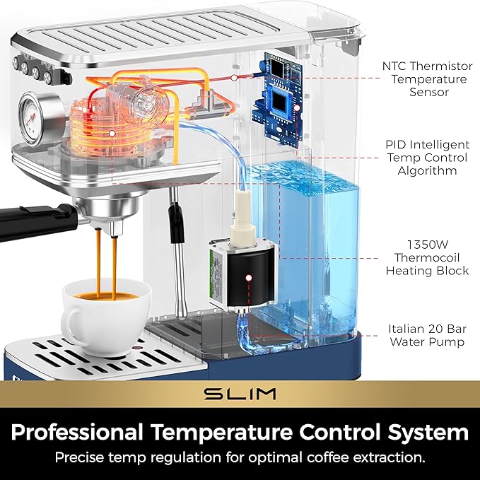 CHULUX Slim Espresso Machine with Milk Frother, 20 Bar Professional Italian Pump Espresso Coffee Machine for Home Cappuccino & Latte Maker, Stainless Steel, Navy
