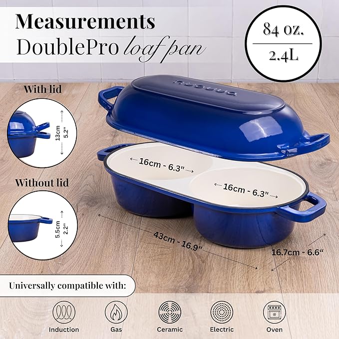 Dutch Oven For Sourdough Bread Baking – Enamelled Cast Iron Bread Loaf Pot – 500°F Oven Safe Non Stick Bread Pot – Double Round Loaf Space, 16.5cm Diameter, Dark Blue, – by Nuovva