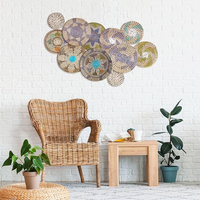 Tatuo 11 Pcs Boho Wall Basket Decor Bulrush Woven Wall Hanging Art Round Farmhouse Rustic Handmade Wicker for Summer Home, Bedroom, Living Room, Kitchen Decorations, Multi Sizes(Multicolour)