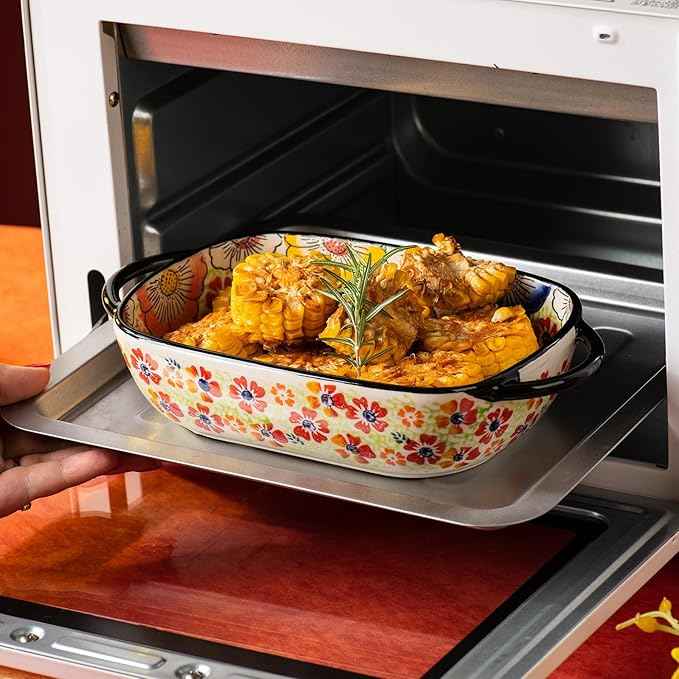 Retro pastoral style Ceramic Baking Dish Rectangular Bakeware Set Baking Pan, 2-piece Hand-painted Porcelain Baking pan with handle, Casserole Dish for Oven/Cooking/Kitchen (Romantic Flower)