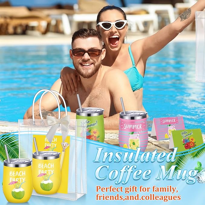 Patelai 36 Pcs Summer Theme Gift Set for Men Women 12oz Stainless Steel Coffee Mug Colorful Cups with Lid and Straw Pens Card Bags Set for College Graduates Party Supplies