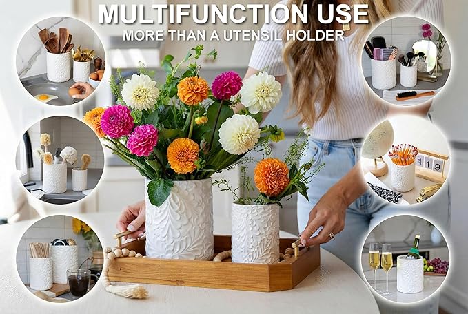 25DOL Large 7.3"+5.4" Engraved Ceramic Utensil Holder for Countertop, Cooking Utensils Organizer for Spatula, Large Utensils Crock for Kitchen Counter, Kitchen Decor, set of 2, White