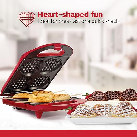 Holstein Housewares 4-Section Heart Shaped Waffle Maker, Non-Stick Waffle Iron, Mini Waffle Maker for Kids, Non-Toxic Coating, Easy to Clean, Makes 4 Heart-Shaped Waffles in Minutes, Red