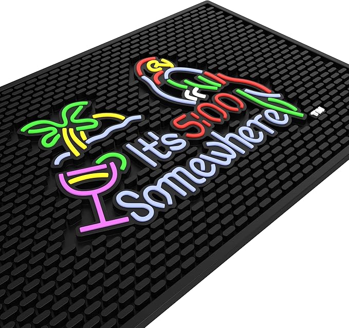 Ultra High Quality Bar Mat - "It's 5:00 Somewhere" 12 x 18 Inch Rubber Bar Mat; Entertaining and Vibrant Bar Mat for Home Bar; Durable Bar Mats for Countertop; Drying Mat for Kitchen Counter