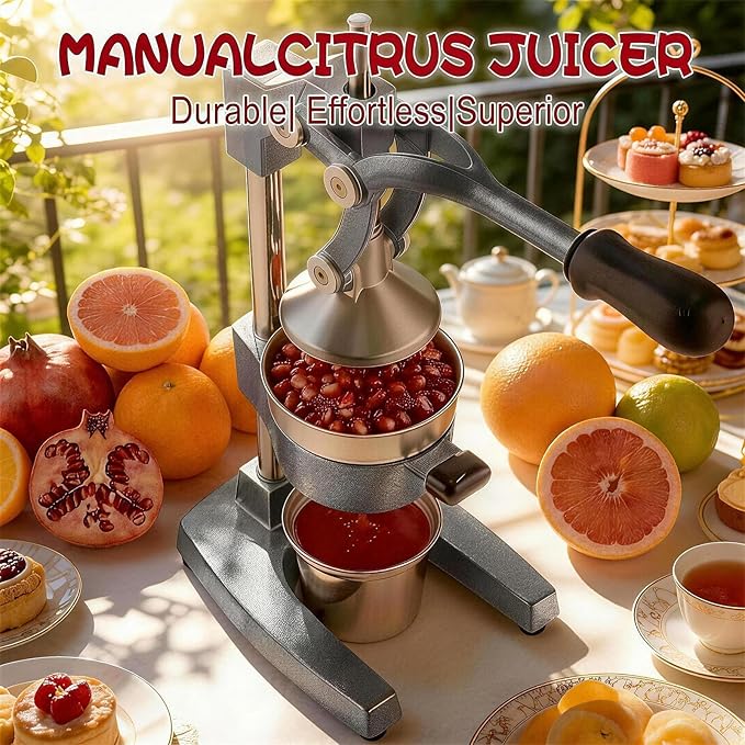 Cast Iron Juicer Hand Press - 13.8LB Heavy Duty Manual Citrus Orange Squeezer, 304 Stainless Steel Cup & Strainer, Professional Lemon Grapefruit Pomegranate Press for Home Bar Kitchen, Grey