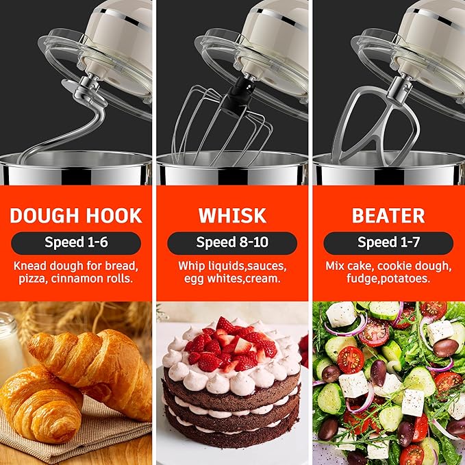 Stand Mixer, 5.5 Quart, 10 Speed Tilt-Head Kitchen Mixer, Copper Motor, Household Food Mixer with Bowl, Flat Beater, Dough Hook, Egg Whisk (450W Cream)