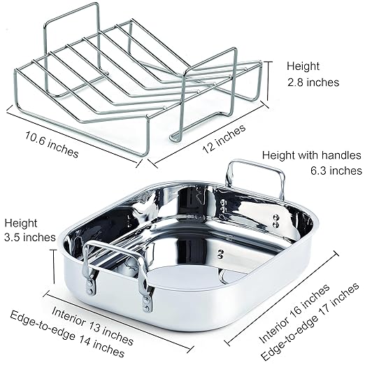 Cooks Standard Stainless Steel Roaster Pan with V-Shaped Rack, Inner 16-Inch x 13-Inch; Edge 17-Inch x 14-Inch; Turkey Roasting Pan Bakeware for Oven, Rectangular