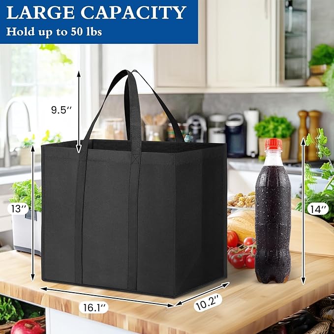WISELIFE Reusable Grocery Shopping Bags 10 Pack Large Foldable Tote Bags Bulk, with Long Handle for Shopping Groceries Clothes (Black)