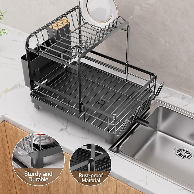 Runnatal 2-Tier Dish Drying Rack, Large Dish Rack with Drainboard Set, Detachable 4-in-1 Large Capacity Dish Drainer Over The Sink Anti-Rust for Kitchen Counter, Black