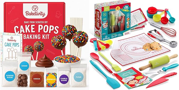 Baketivity Kids Baking Bundle – DIY Cake Pop Kit & 31-Piece Real Kids Cooking Set – Pre-Measured Kosher Ingredients, Safe Utensils, Illustrated Recipes & Video Guide – Fun Gift for Ages 6+
