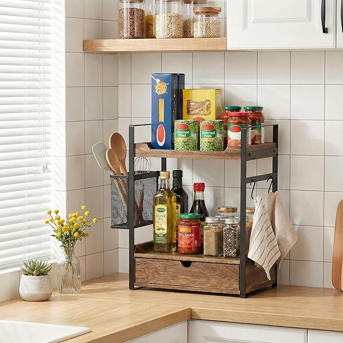 Coffee Station Organizer Countertop, Wooden Coffee Bar Accessories Organizer with Basket, 2 Mug Holder Hooks and Pod Drawer, Multifunctional 2 Tier Countertop Organizer for Kitchen, Bathroom, Office