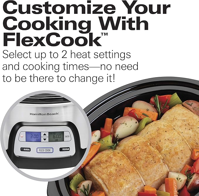 Hamilton Beach 33861 Portable Programmable Slow Cooker, Dishwasher Safe Crock, 6 Qt, FlexCook Dual Digital Timer/2 Heat Settings, Lid Lock for Easy Travel, Silver