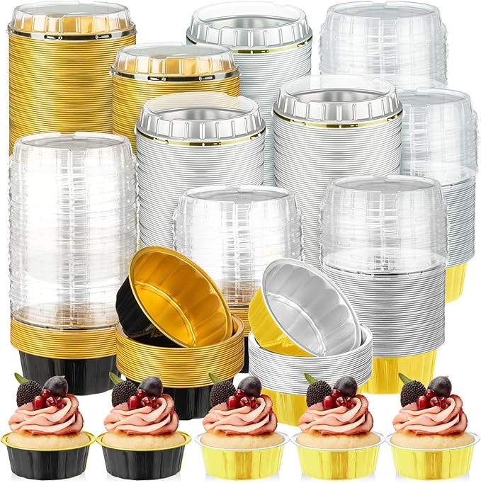Tessco for you 200 Pcs Disposable Ramekins with Lids 8 oz Creme Brulee Ramekin Aluminum Foil Cup Cupcake Liner Baking Valentines Disposable Muffin Tin Pan Cheesecake Container (Black,Gold,Silver)