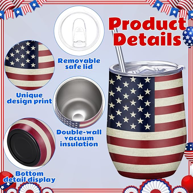 Patelai 30 Pcs 2026 American Flag Pattern Cups Gift Set for Men Women 12oz Stainless Steel Tumbler Mug Cups with Lid and Straw Pens and Card Set with Gift Bags for 4th of July 250th Memorial Day