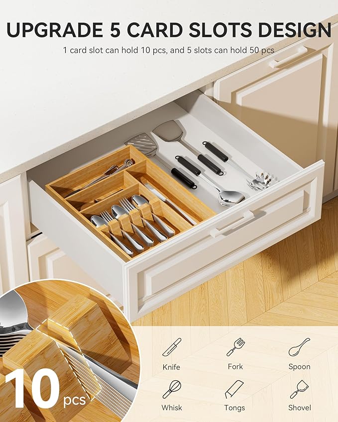 Yofidra Bamboo Silverware Organizer, 16.3″x12.24″x2.6″ Kitchen Utensil Drawer Organizer, Silverware Tray for Drawer with Fixed Slots for Spoons, Forks & Knives, Natural