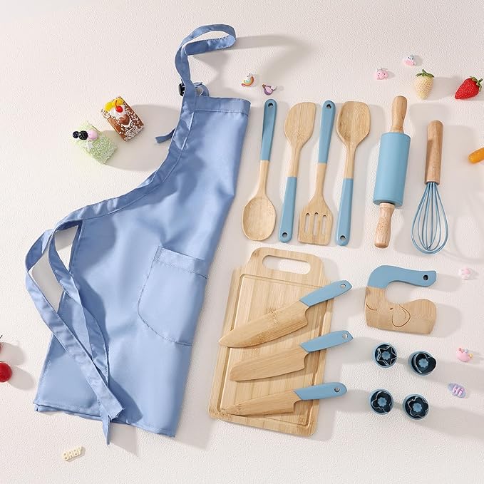 Wooden Kids Safe Knife and Kids Baking Set for Real Cooking, Toddler Montessori Kitchen Tools, Cooking and Baking for Kids Little Chefs Montessori Kitchen Tools for Toddlers-Kids Cooking Sets