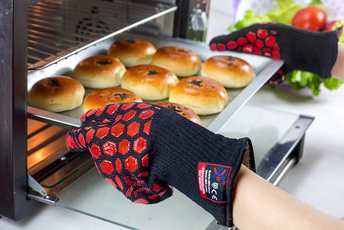 J H Heat Resistant Oven Glove:EN407 Certified 932 °F, 2 Layers Silicone Coating, Oven Mitts for Cooking, Kitchen, Fireplace,Camping, Grilling (Black/Red, Extra Long Cuff)
