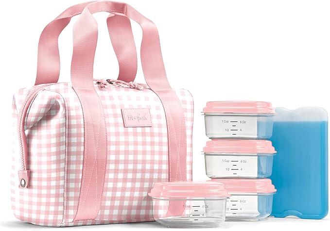 Fit & Fresh Remi Neoprene Lunch Bag For Women - Meal Prep Kit with Containers & XL Ice Pack, Self Insulating Neoprene-like Material, Machine Washable Lunch Bag, Tear & Stain-Resistant, Pink Gingham