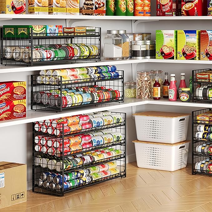 2-Pack Stackable Can Organizer for Pantry Shelf, Adjustable Extra-Long Rolling Can Rack for Kitchen Cupboard Storage, Sturdy Standing Can Holder for Canned Food Goods Soda up to 128, 2 Tier, Black