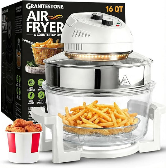 Granitestone 16Qt Large Glass Air Fryer Non Toxic – Family Sized Airfyrer Cooker with 3 Cooking Sections, Stainless Steel Racks, for French Fries, Chicken, No Preheat, Self Cleaning, Dishwasher Safe