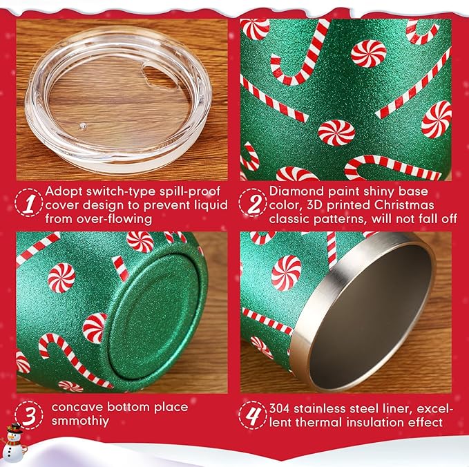 Sliner 4 Pack Pack Christmas Glitter Tumbler Bulk, 12 oz Holiday Wine Tumbler Set Stainless Steel Insulated Sparkling Glitter Cup with Lids Straws and Brushes Travel Mug Xmas Gift (Cute Style)