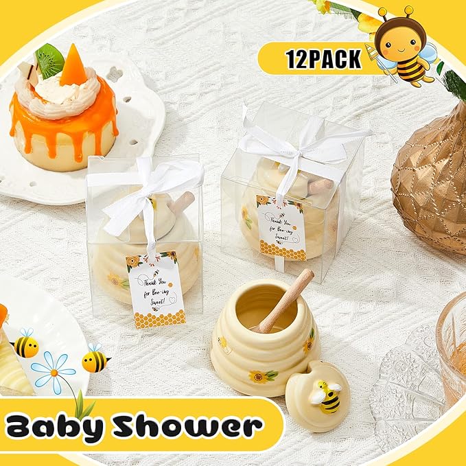 Yinder 12 Pcs Baby Shower Prize for Winners Honey Party Favors 3 oz Ceramic Honey Jars with Dippers Mini Bee Themed Pots with Goodie Boxes for Baby Shower Wedding Favors Bee Themed Party Gifts