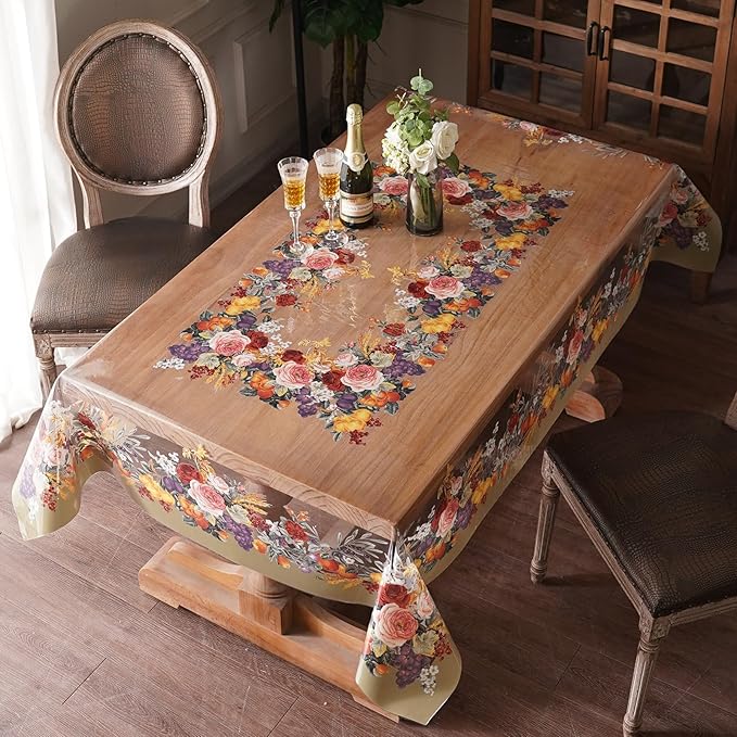 Clear Table Cover Protector Vinyl PVC Rectangle Table Cloth with Floral Fruit Pattern Oil Spill Proof Plastic Tablecloths for Dining Tables Parties Holidays (Floral Fruit, 55 x 84 Inches)