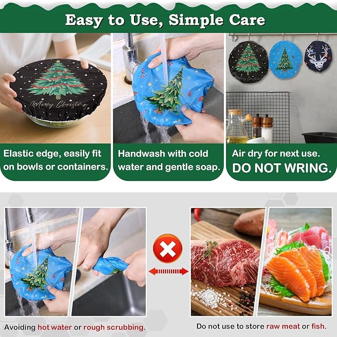 5-Size Reusable Beeswax Bowl Covers for Bread Proofing, Cotton Cloth Flexible Beeswax Wraps for Food Storage (Santa Kitty)