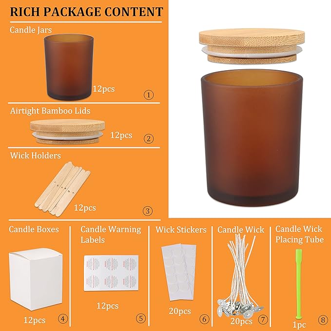 MILIVIXAY 12 Pack 12 OZ Frosted Amber Glass Candle Jars with Lids and Candle Making Kits - Bulk Empty Candle Jars for Making Candles - Spice, Powder Containers.